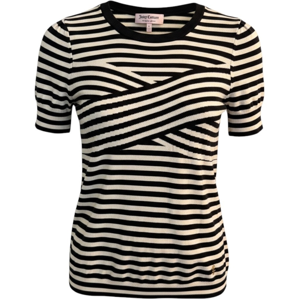 Juicy Couture Sweater Women L Black Cream Striped Short Sleeve Crisscross Cotton